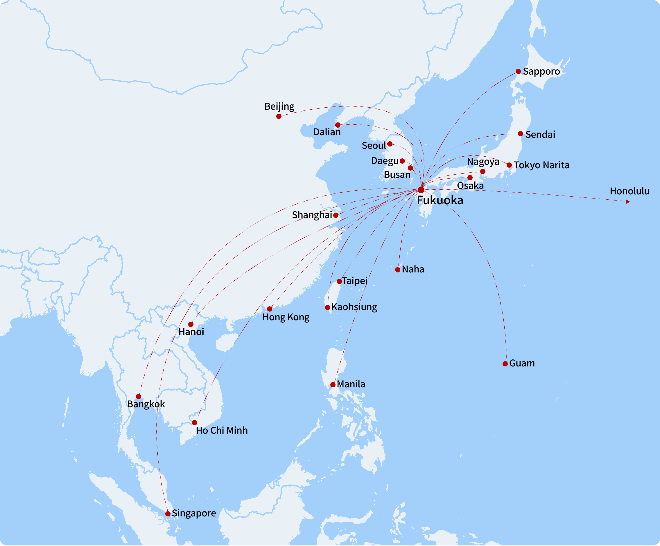 A flight map image of East Asian countries and cities.