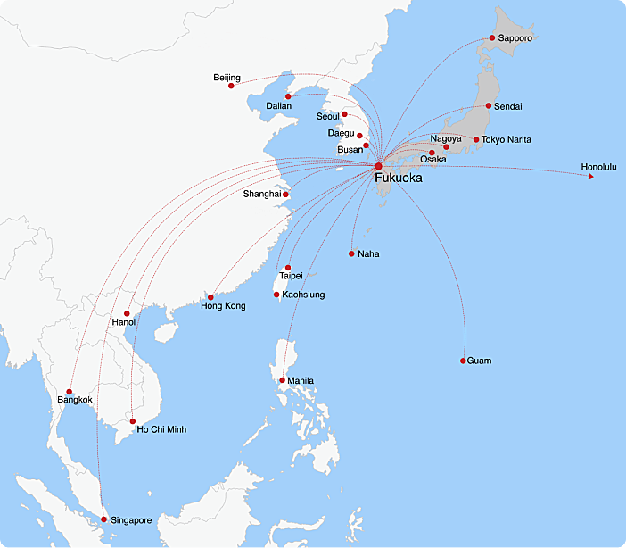 A flight map image of East Asian countries and cities. 