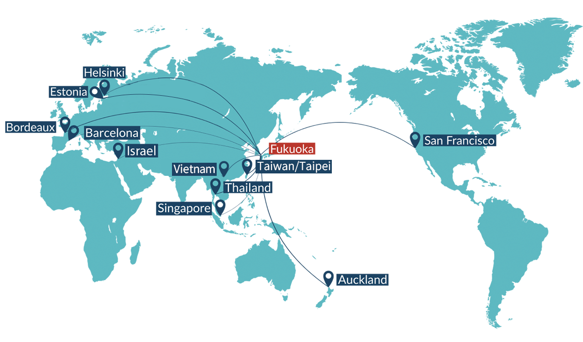 Image of world map. Global Startup Network to San Francisco, Taiwan/Taipei, Thailand, Auckland, Hanoi, Singapore, Israel, Barcelona, Bordeaux, Estonia and Helsinki